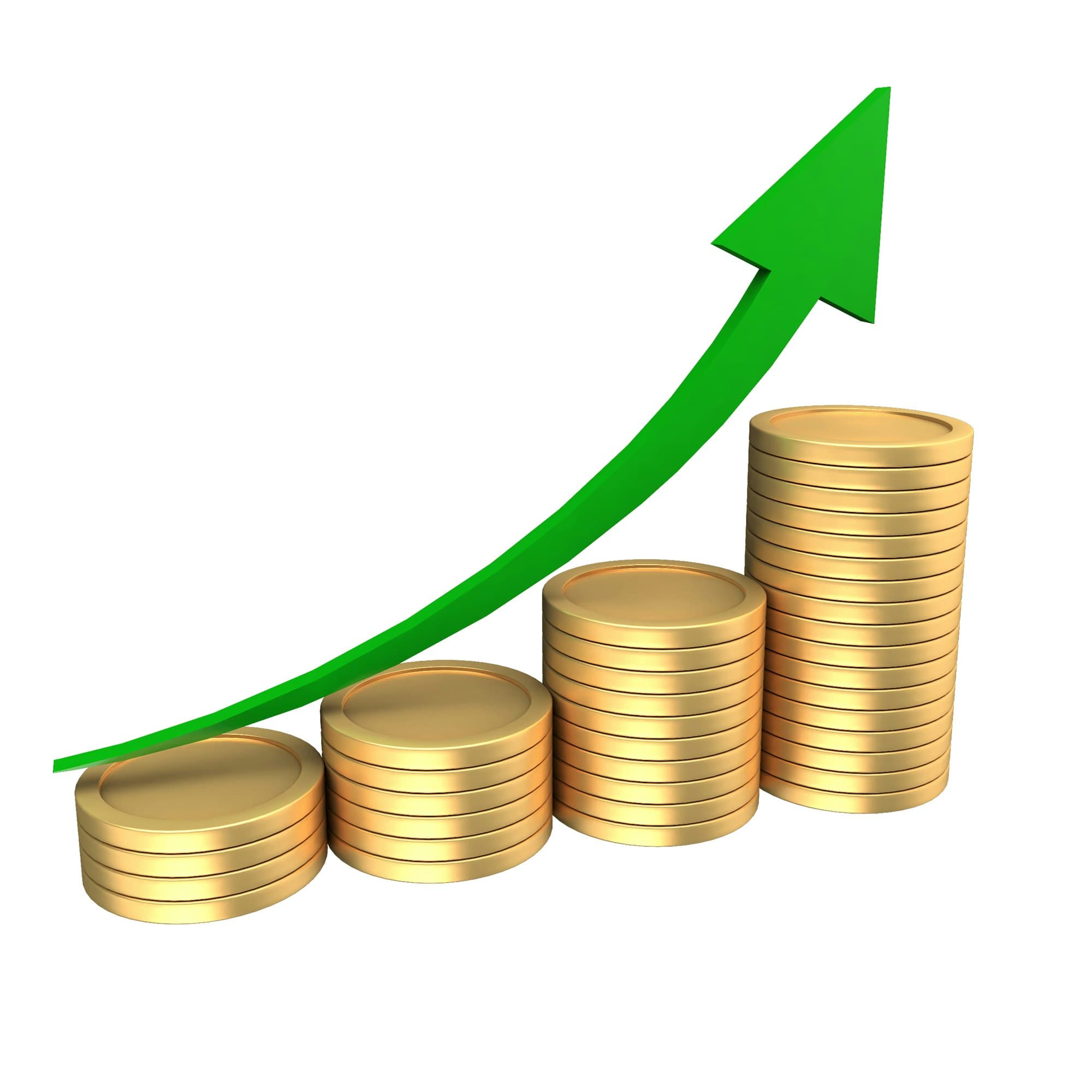 Stacks of coins with an upward-trending green arrow symbolising financial growth